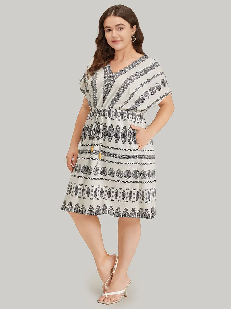 Boho Print V Neck Dolman Sleeve Drawstring Dress sold by Bloomchic product image thumbnail 3