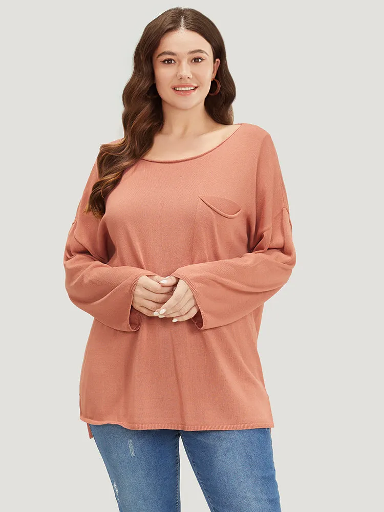 Solid Patched Pocket Split Side Pullover sold by Bloomchic