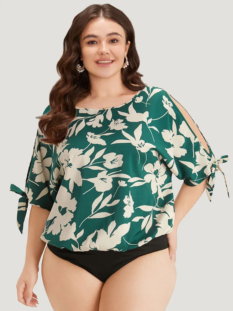 Silhouette Floral Print Knotted Cut Out Round Neck Bodysuit sold by Bloomchic product image thumbnail 4