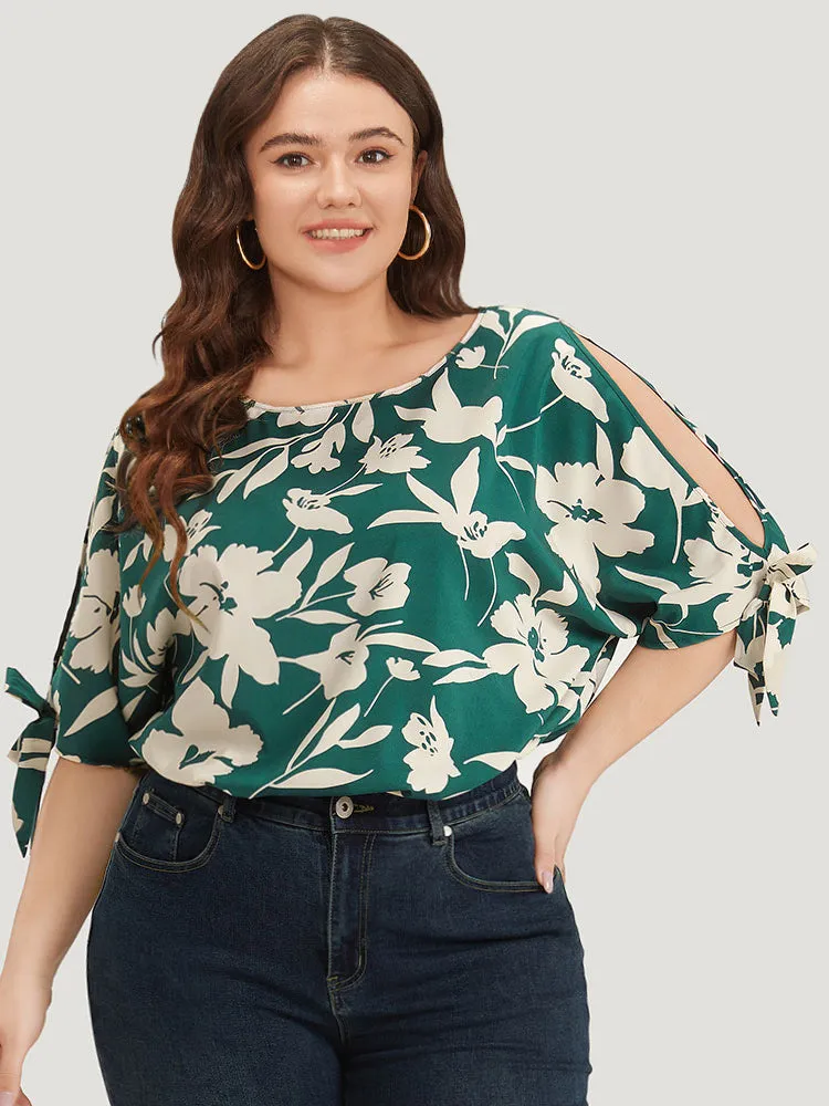 Silhouette Floral Print Knotted Cut Out Round Neck Bodysuit sold by Bloomchic