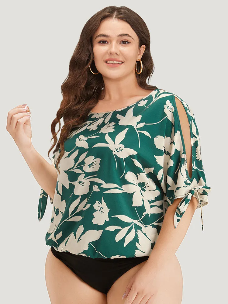 Silhouette Floral Print Knotted Cut Out Round Neck Bodysuit sold by Bloomchic product image thumbnail 5