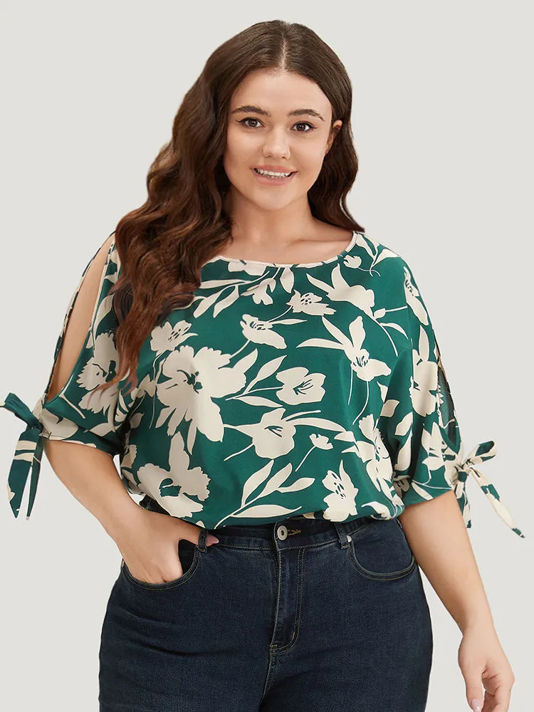 Silhouette Floral Print Knotted Cut Out Round Neck Bodysuit sold by Bloomchic product image thumbnail 3