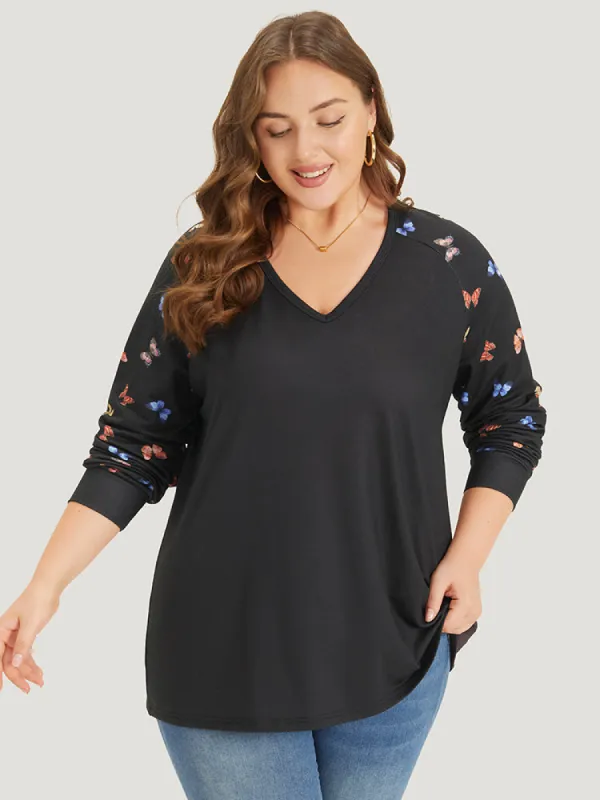 Butterfly Print V Neck Raglan Sleeve Sweatshirt sold by Bloomchic