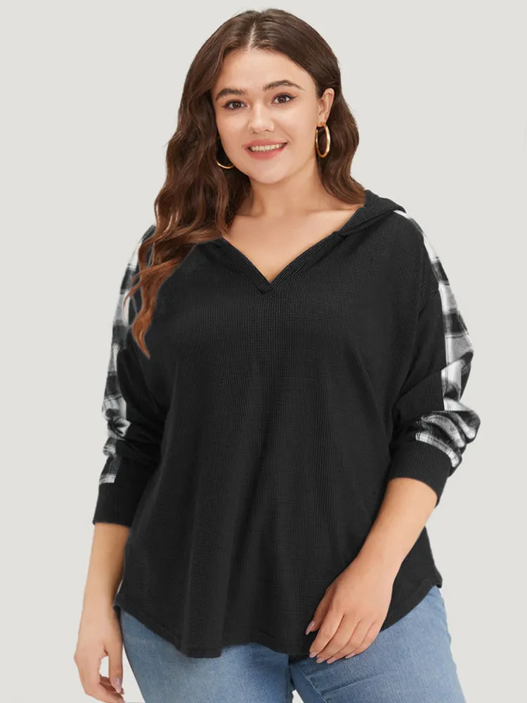 Plaid Patchwork Hooded Plisse Sweatshirt sold by Bloomchic