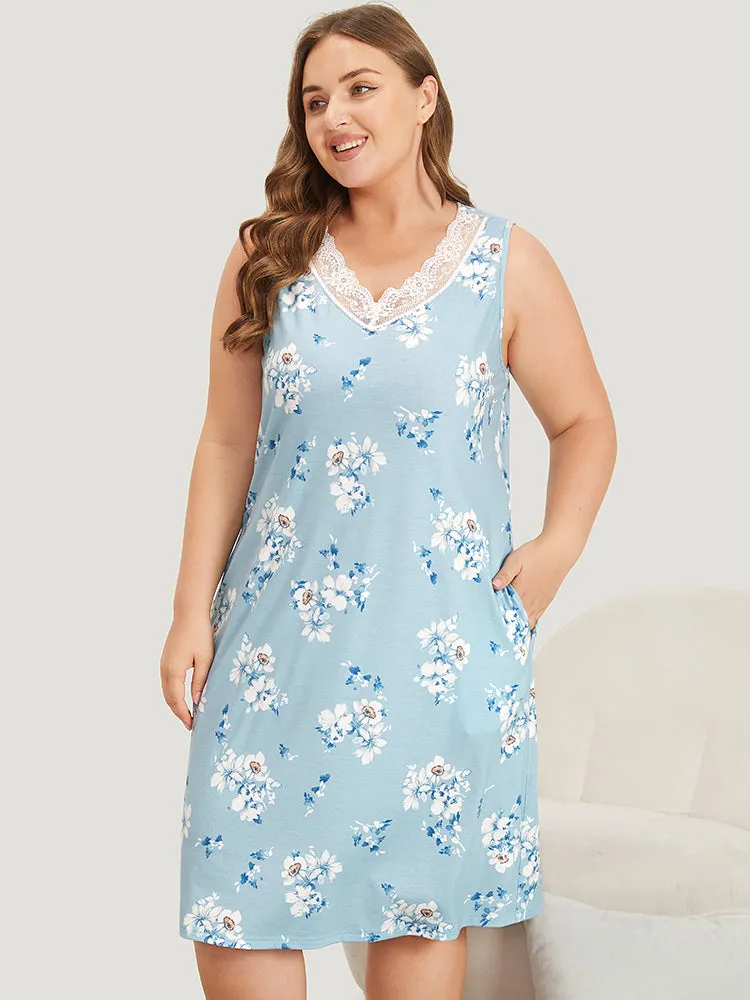 Floral Print Pocket Guipure Lace Sleep Tank Dress sold by Bloomchic product image thumbnail 3