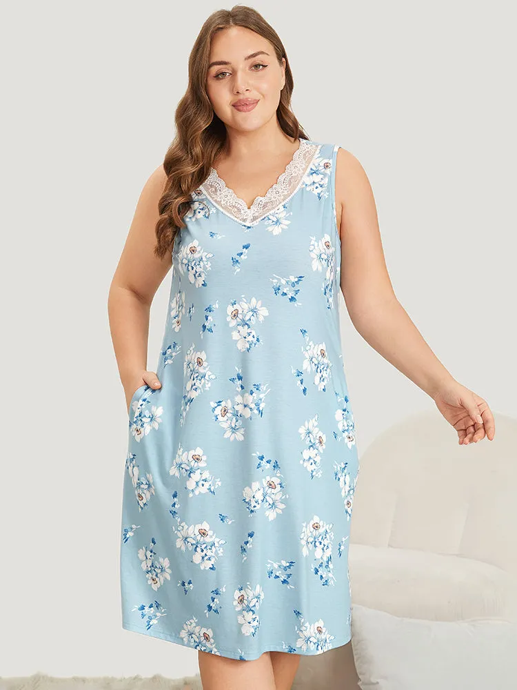Floral Print Pocket Guipure Lace Sleep Tank Dress sold by Bloomchic product image thumbnail 2