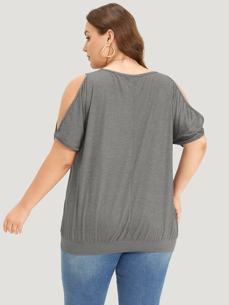 Feather Print Cold Shoulder Crew Neck T-shirt sold by Bloomchic product image thumbnail 5