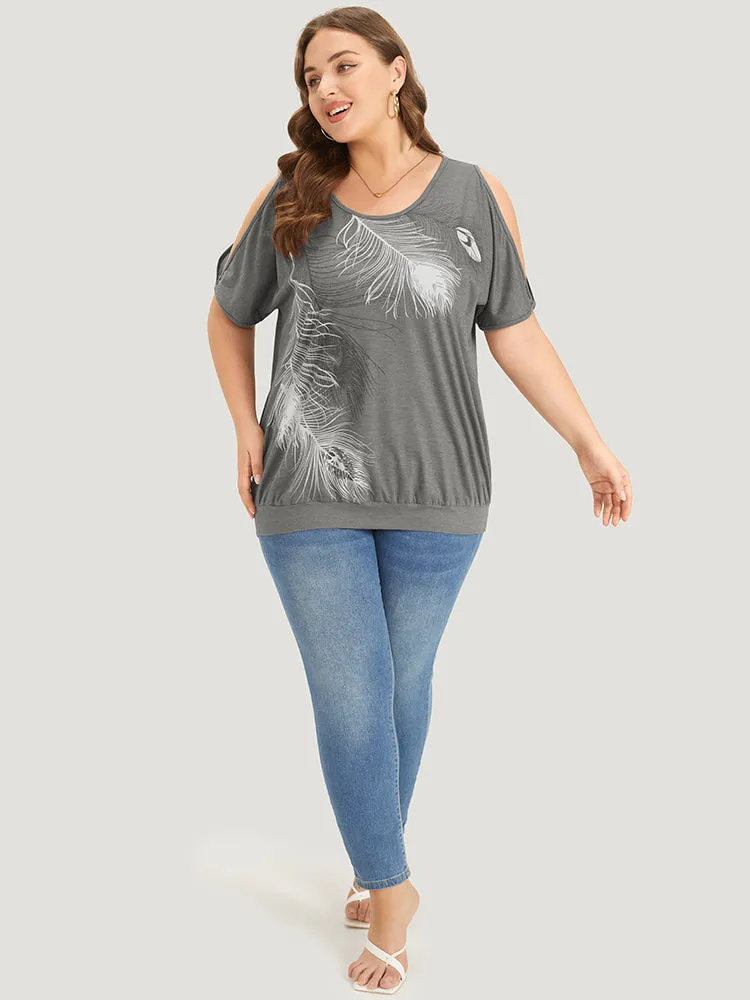 Feather Print Cold Shoulder Crew Neck T-shirt sold by Bloomchic product image thumbnail 3