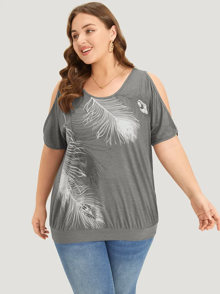Feather Print Cold Shoulder Crew Neck T-shirt sold by Bloomchic