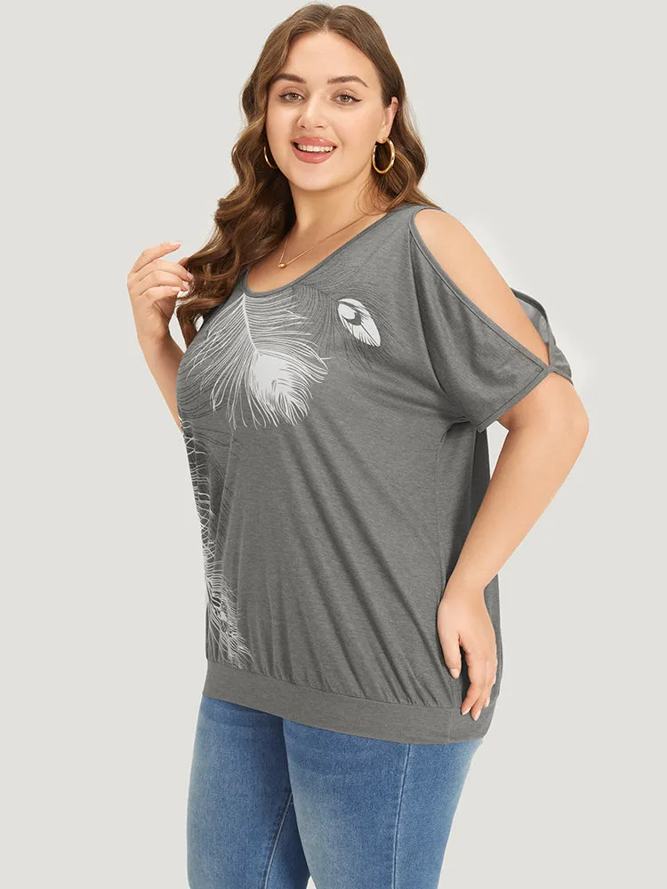 Feather Print Cold Shoulder Crew Neck T-shirt sold by Bloomchic product image thumbnail 4