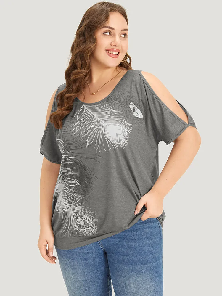 Feather Print Cold Shoulder Crew Neck T-shirt sold by Bloomchic product image thumbnail 2