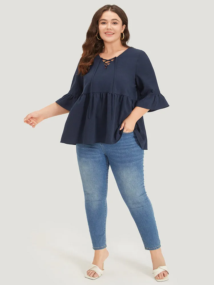 Plain Lace Up Flutter Gathered Bell Sleeve Blouse sold by Bloomchic product image thumbnail 4