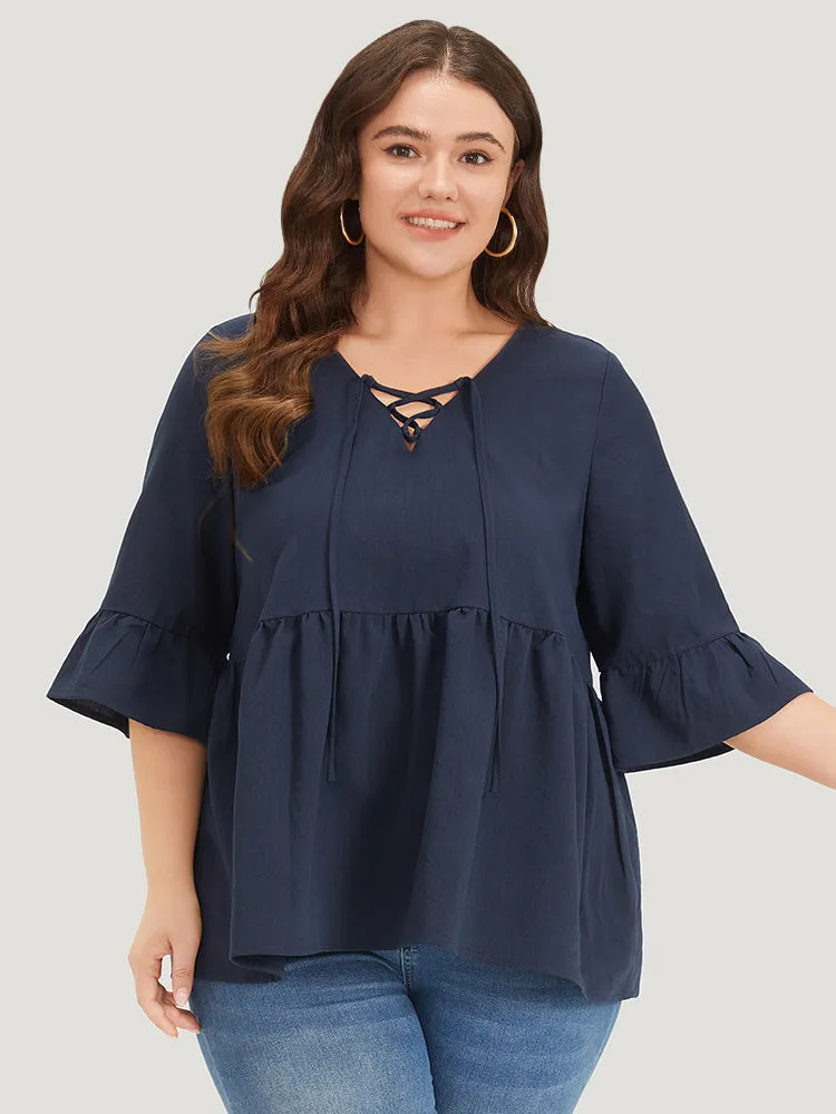 Plain Lace Up Flutter Gathered Bell Sleeve Blouse sold by Bloomchic product image thumbnail 2