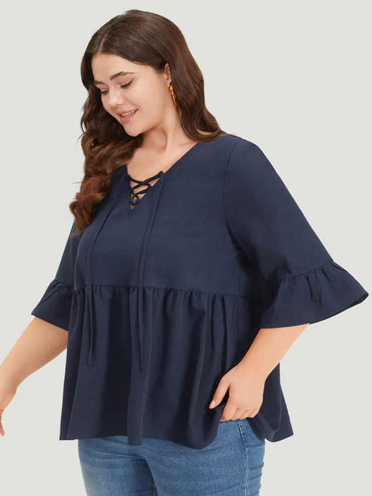 Plain Lace Up Flutter Gathered Bell Sleeve Blouse sold by Bloomchic product image thumbnail 3