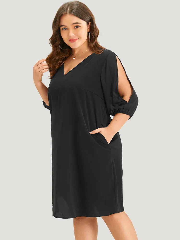 Solid Pocket Cut Out V Neck Dress sold by Bloomchic product image thumbnail 3