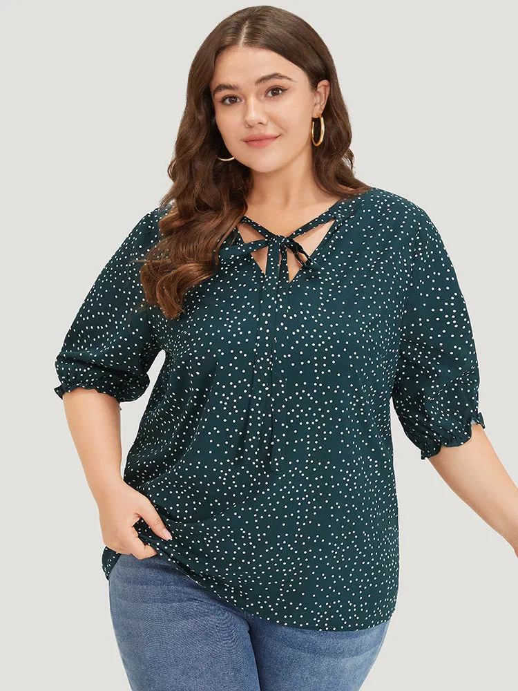 Polka Dot Knot Neck Lantern Sleeve Blouse sold by Bloomchic
