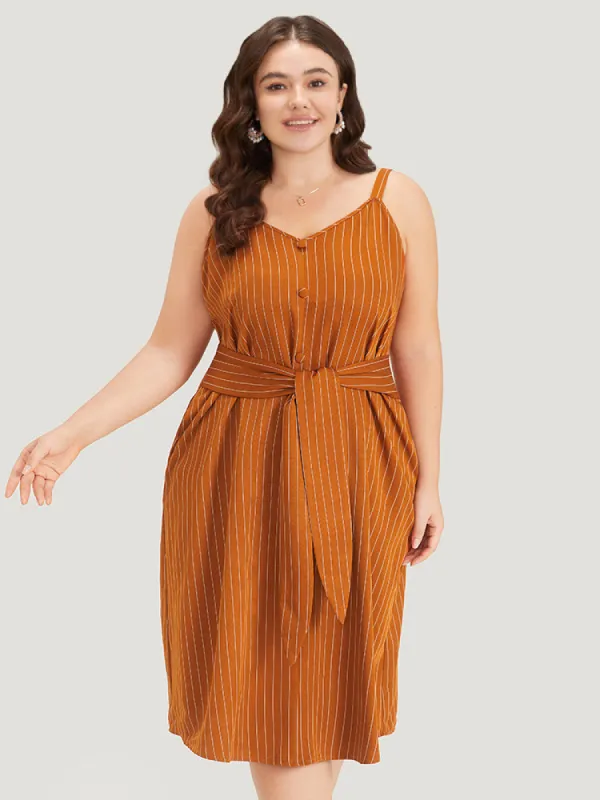 Striped Pocket Button Detail Ties Plicated Detail Cami Dress sold by Bloomchic