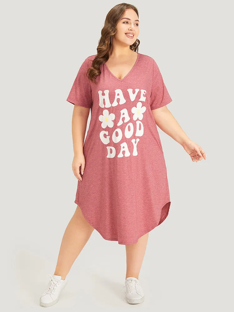 Supersoft Essentials Letter & Floral Print V Neck Curved Hem Dress sold by Bloomchic product image thumbnail 4