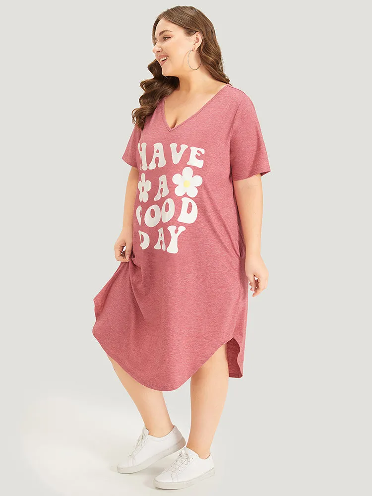 Supersoft Essentials Letter & Floral Print V Neck Curved Hem Dress sold by Bloomchic product image thumbnail 2