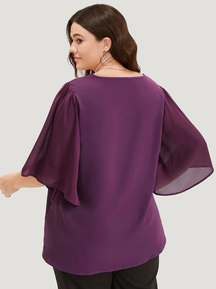 Anti-Wrinkle Plain V Neck Mesh Patchwork Flutter Sleeve Blouse sold by Bloomchic product image thumbnail 5