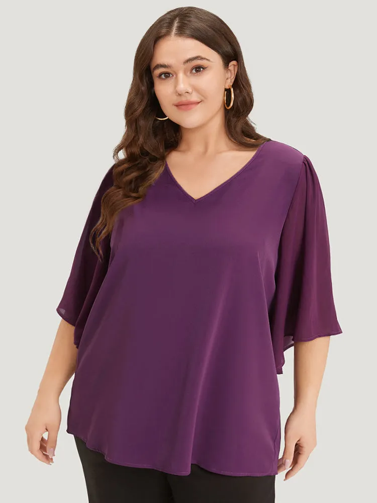 Anti-Wrinkle Plain V Neck Mesh Patchwork Flutter Sleeve Blouse sold by Bloomchic