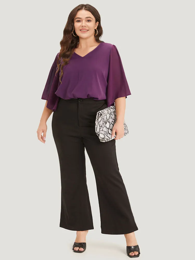 Anti-Wrinkle Plain V Neck Mesh Patchwork Flutter Sleeve Blouse sold by Bloomchic product image thumbnail 4