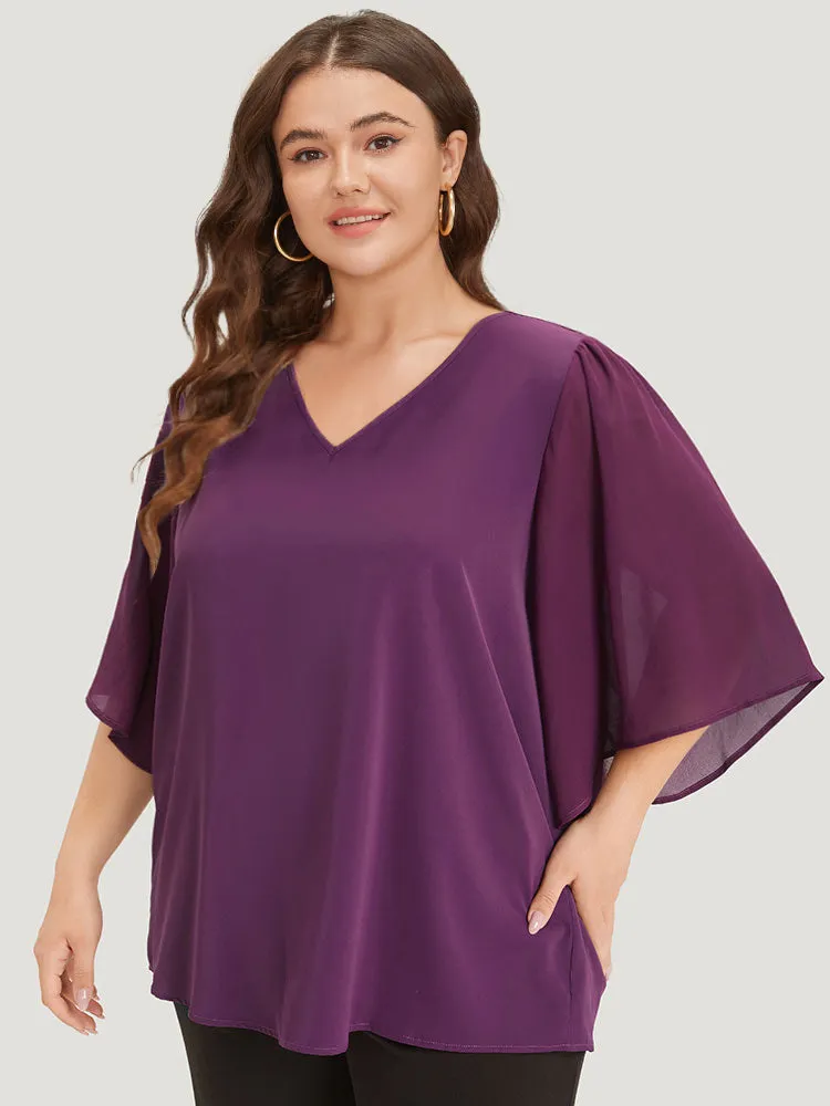 Anti-Wrinkle Plain V Neck Mesh Patchwork Flutter Sleeve Blouse sold by Bloomchic product image thumbnail 3