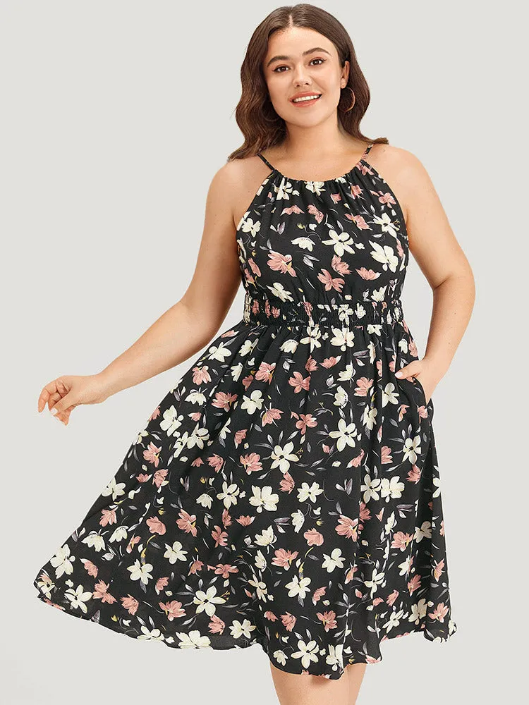 Floral Print Halter Shirred Pocket Ruffle Hem Dress sold by Bloomchic
