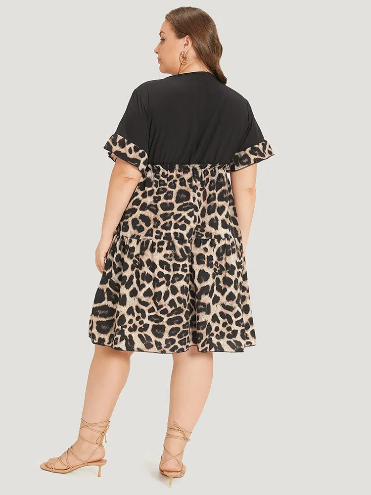 Leopard Print Patchwork V Neck Bell Sleeve Dress sold by Bloomchic product image thumbnail 2