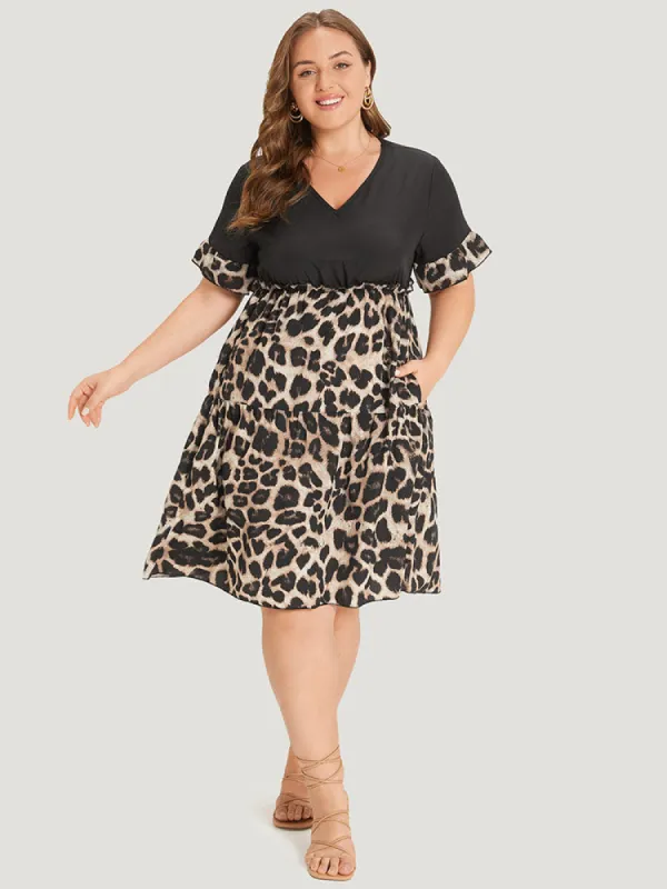 Leopard Print Patchwork V Neck Bell Sleeve Dress sold by Bloomchic