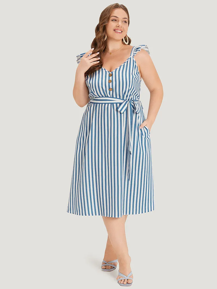 Striped Ruffle Trim Button Detail Belted Dress sold by Bloomchic product image thumbnail 4