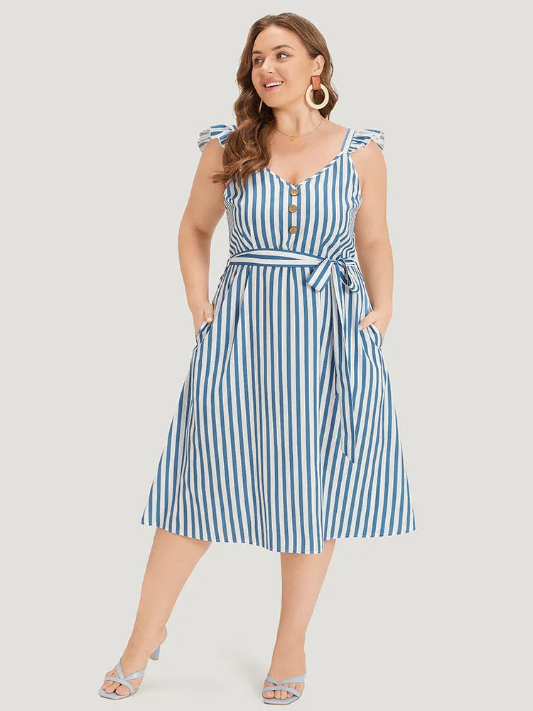 Striped Ruffle Trim Button Detail Belted Dress sold by Bloomchic