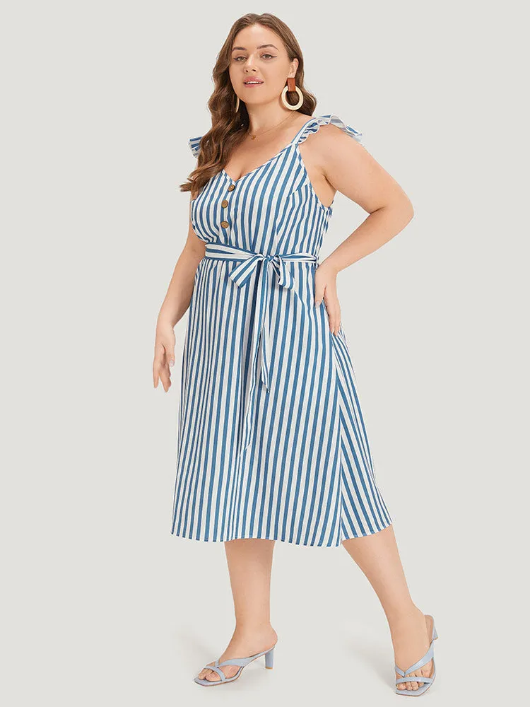 Striped Ruffle Trim Button Detail Belted Dress sold by Bloomchic product image thumbnail 3