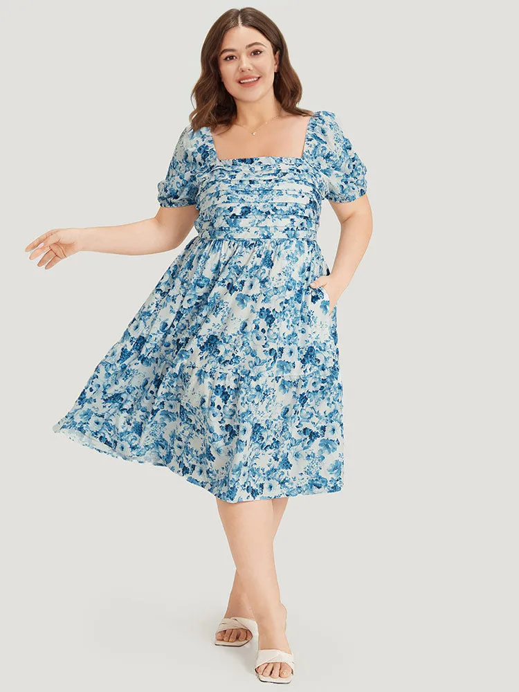 Batik Plicated Detail Square Neck Puff Sleeve Dress sold by Bloomchic product image thumbnail 4