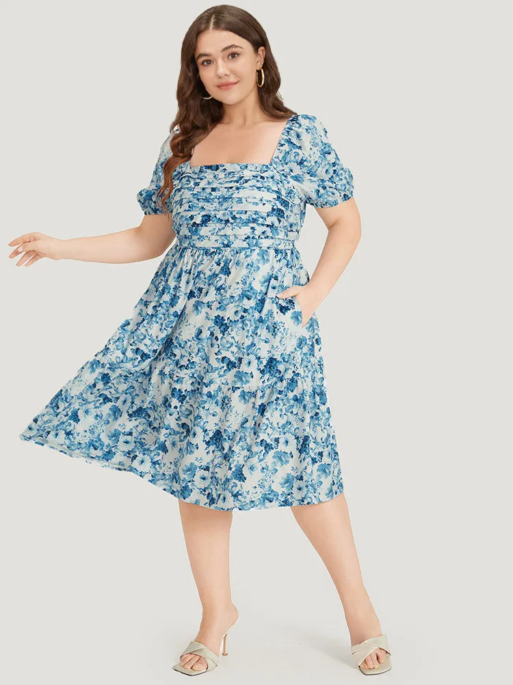 Batik Plicated Detail Square Neck Puff Sleeve Dress sold by Bloomchic