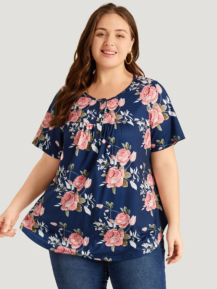 Floral Print Button Up Flutter Gathered T-shirt sold by Bloomchic