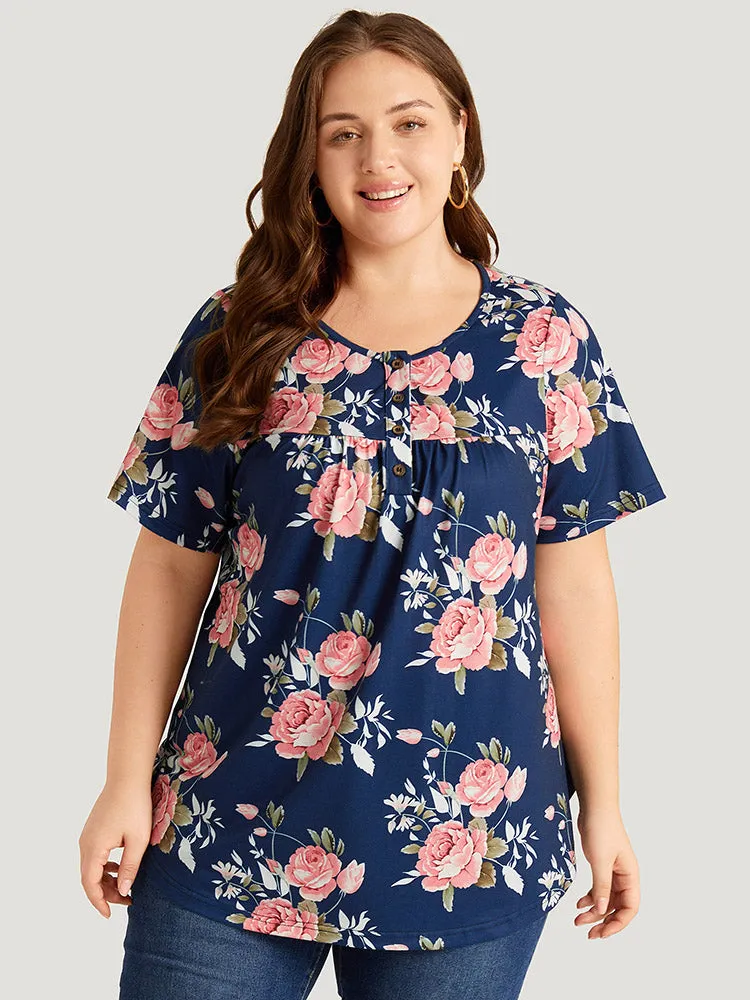 Floral Print Button Up Flutter Gathered T-shirt sold by Bloomchic product image thumbnail 5