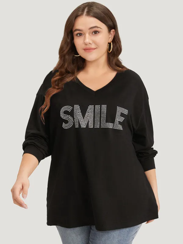 Letter Print Rhinestone V Neck Elastic cuffs Sweatshirt sold by Bloomchic