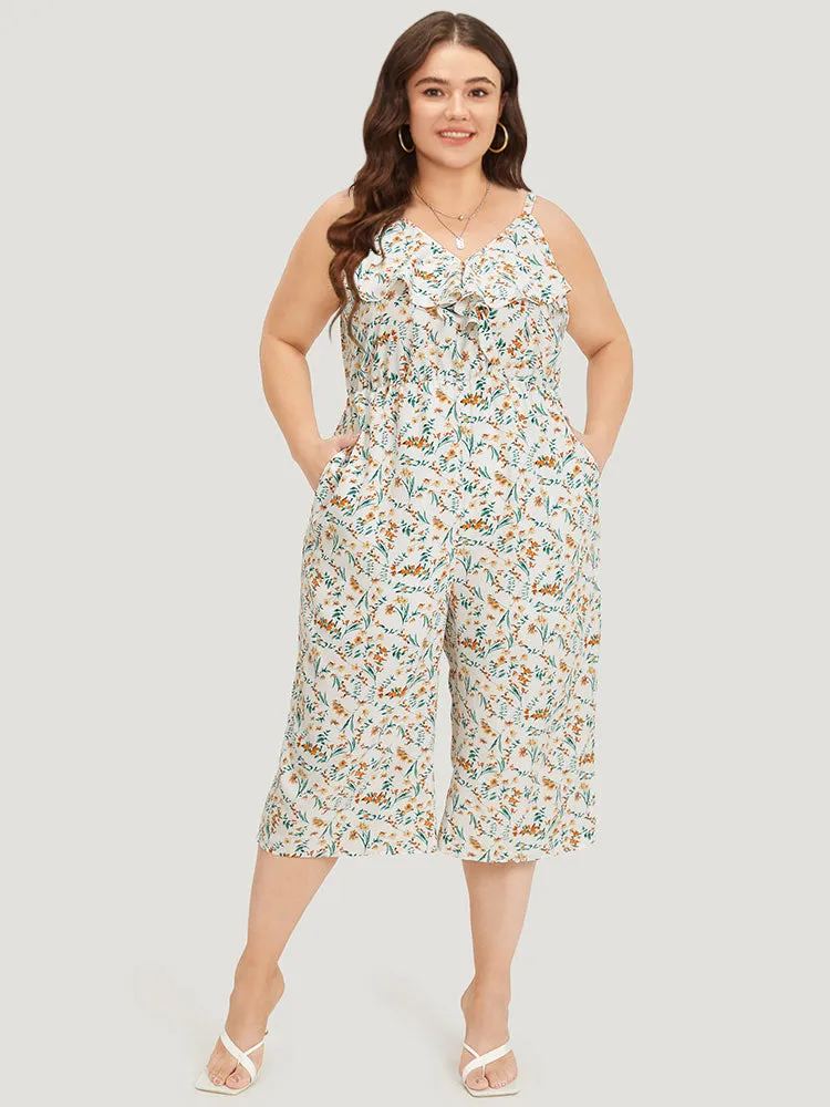 Ditsy Floral Ruffle Trim Pocket Wrap Cami Jumpsuit sold by Bloomchic