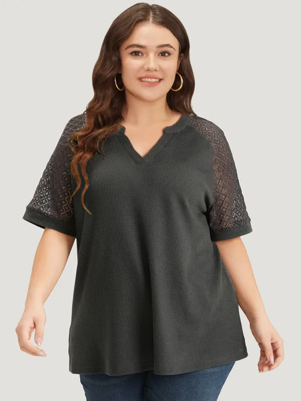 Plain Notched Crochet Lace Raglan Sleeve T-shirt sold by Bloomchic