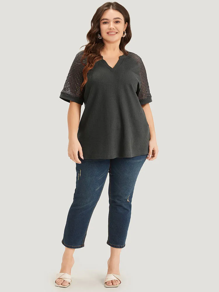 Plain Notched Crochet Lace Raglan Sleeve T-shirt sold by Bloomchic product image thumbnail 5