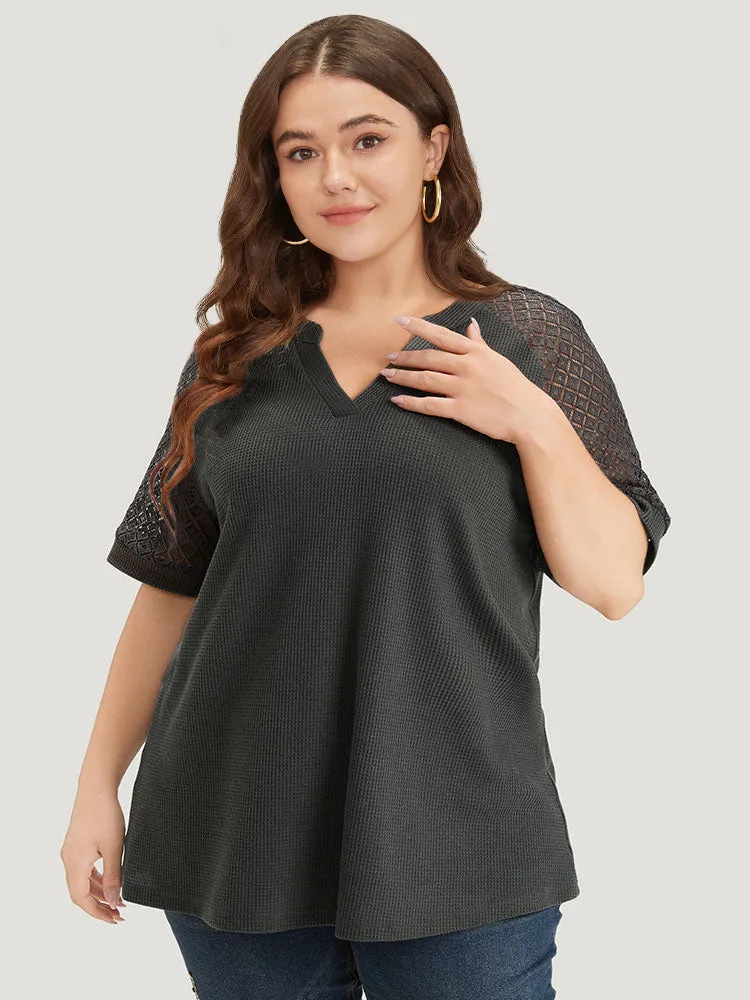 Plain Notched Crochet Lace Raglan Sleeve T-shirt sold by Bloomchic product image thumbnail 2