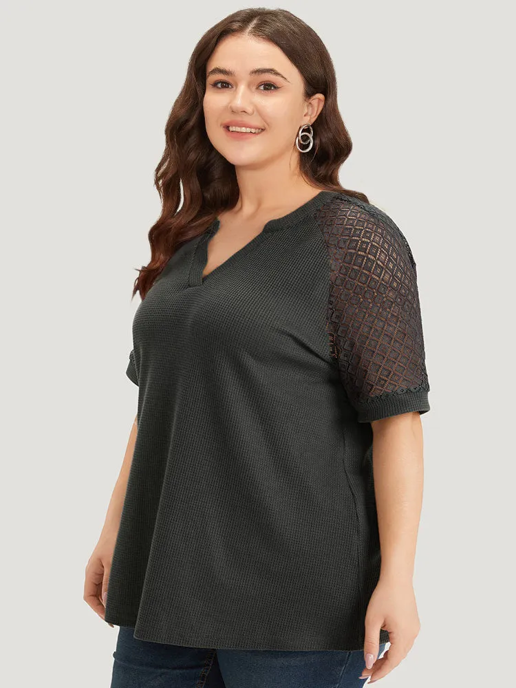 Plain Notched Crochet Lace Raglan Sleeve T-shirt sold by Bloomchic product image thumbnail 3