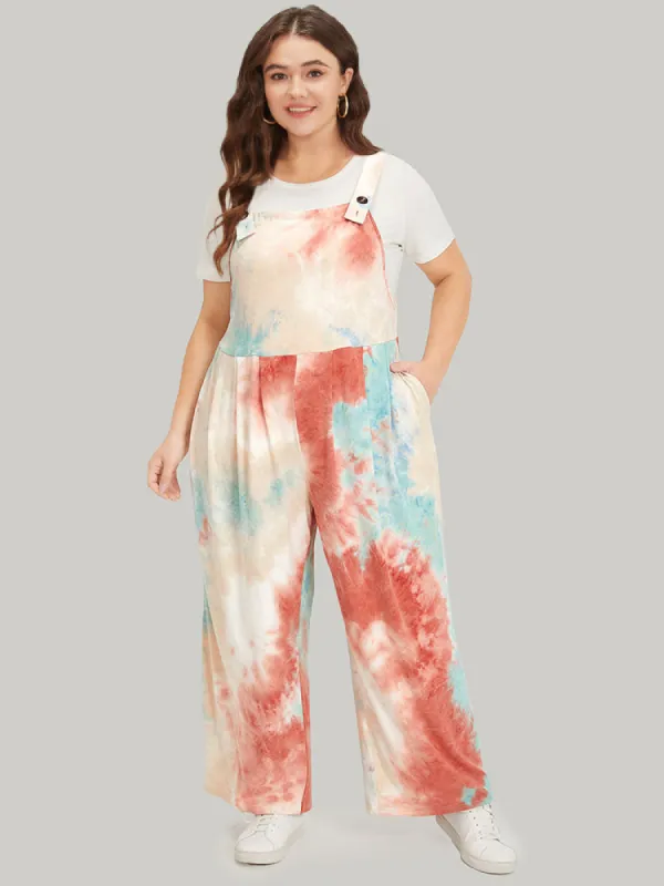 Tie Dye Pocket Button Adjustable Straps Jumpsuit sold by Bloomchic
