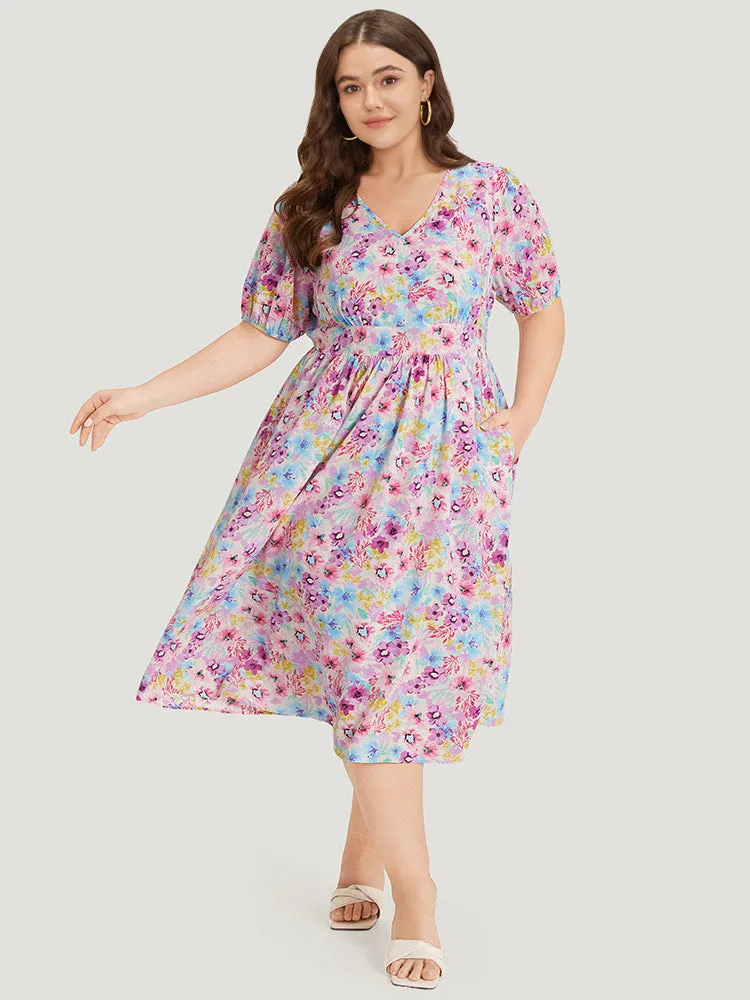 Floral Print V Neck Gathered Puff Sleeve Dress sold by Bloomchic