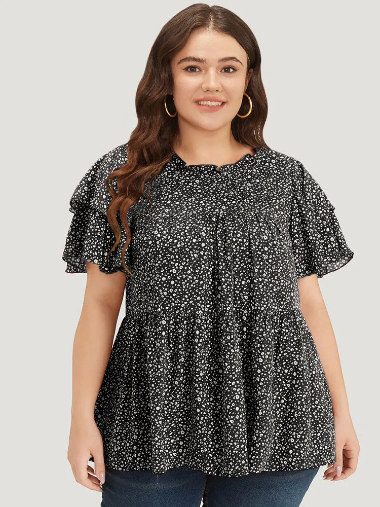 Leopard Print Frill Trim Ruffle Layered Sleeve Blouse sold by Bloomchic