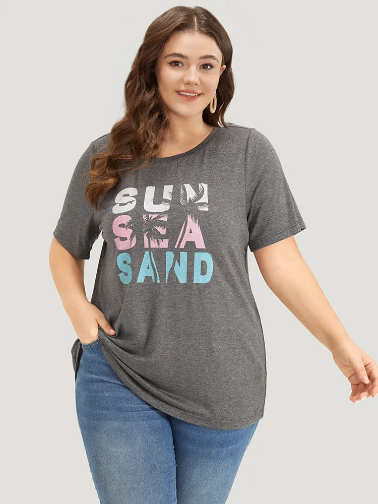 Tropical & Letter Print Crew Neck T-shirt sold by Bloomchic product image thumbnail 4