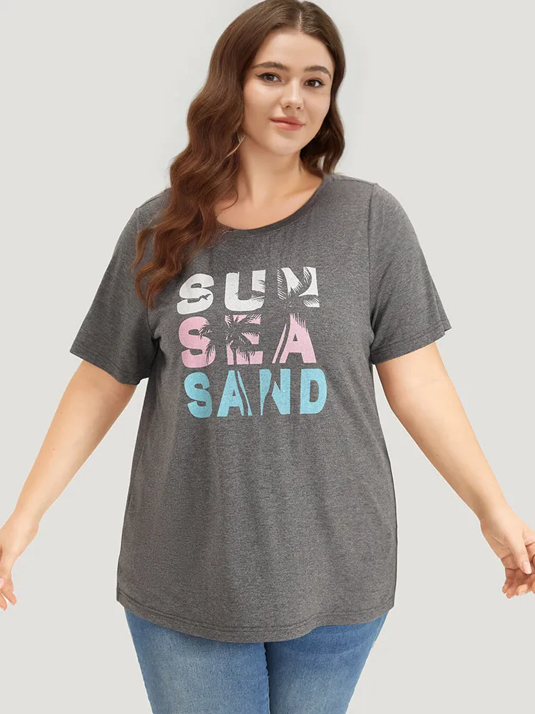 Tropical & Letter Print Crew Neck T-shirt sold by Bloomchic