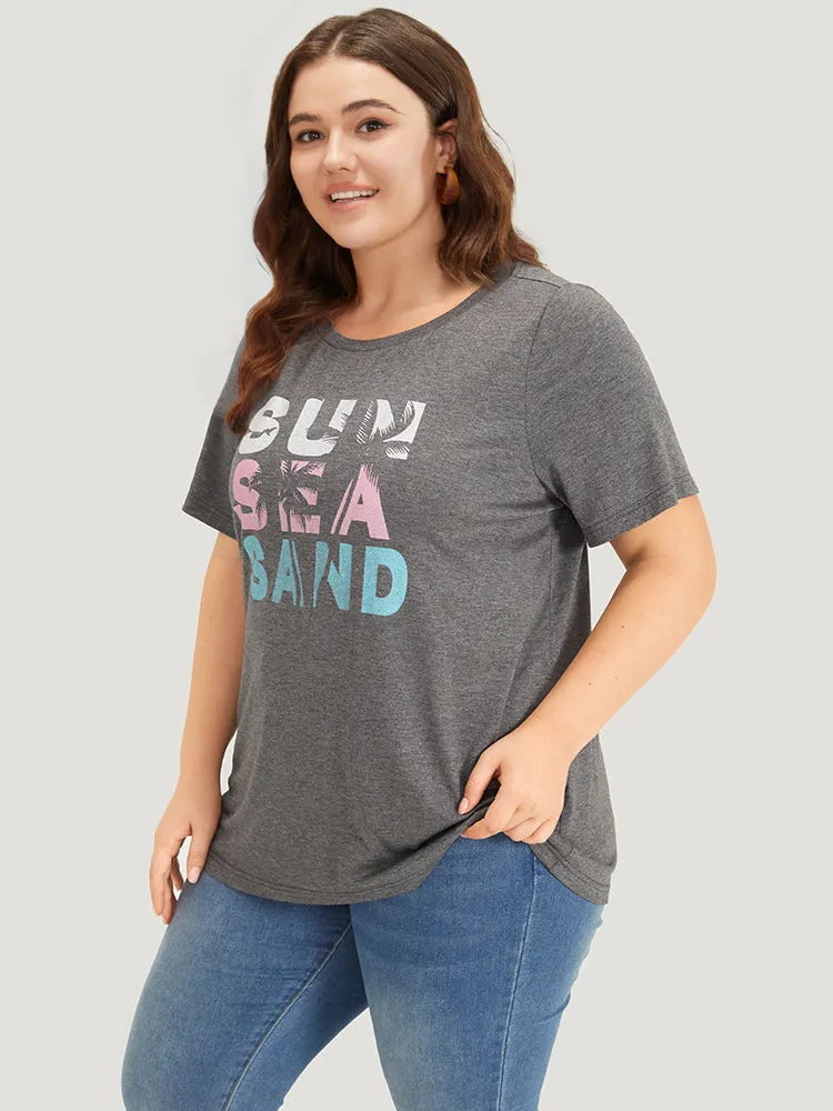 Tropical & Letter Print Crew Neck T-shirt sold by Bloomchic product image thumbnail 3