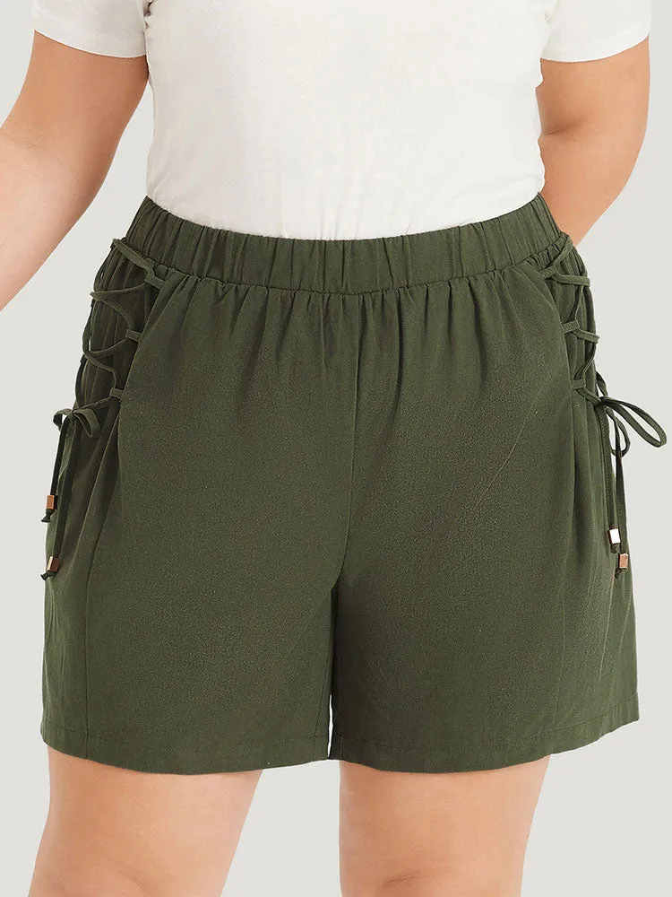 Solid Pocket Lace Up Side Elastic Waist Shorts sold by Bloomchic